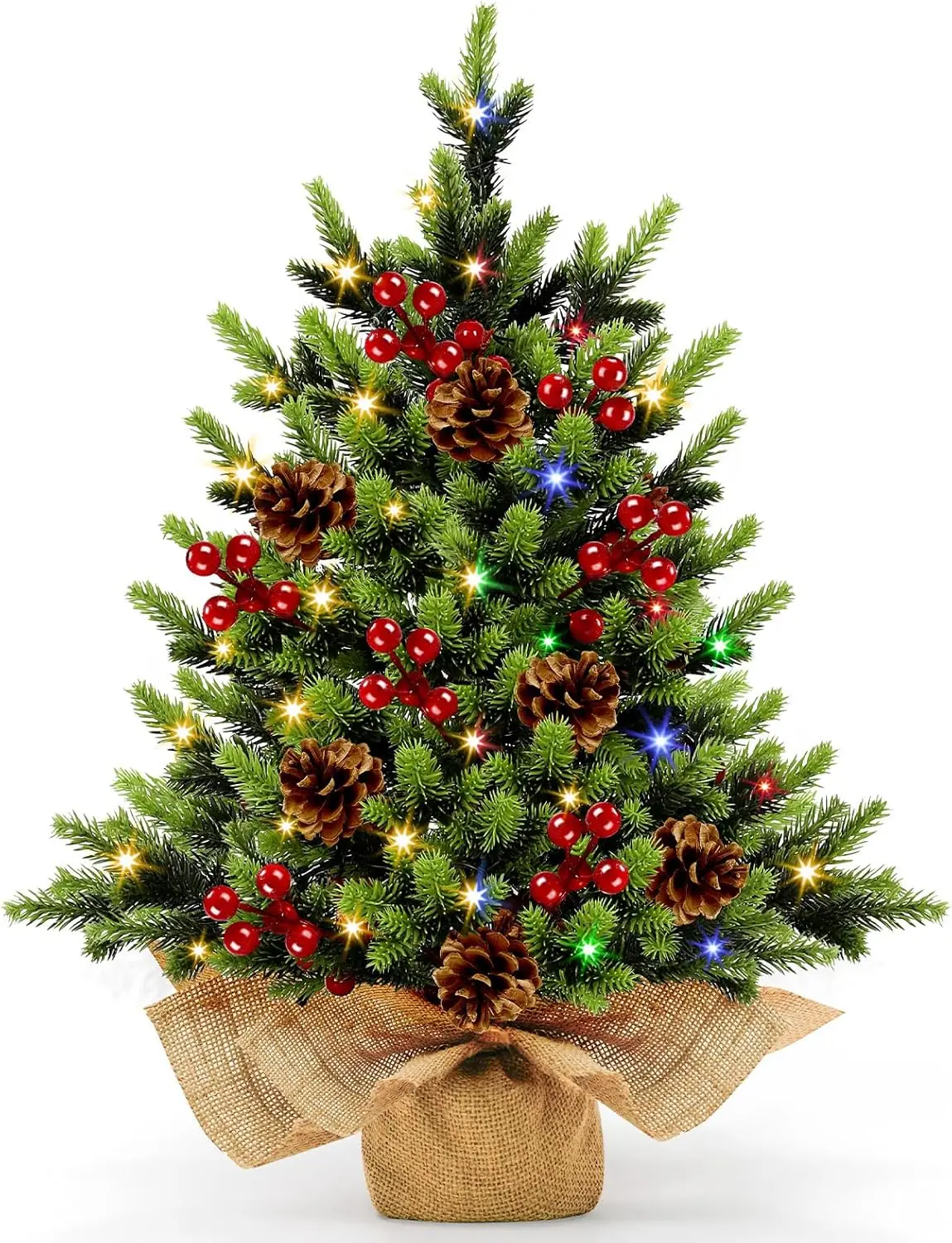

24 Inch Realistic Snowy Christmas Tree with 50 Lights, Battery-Powered, Red Berries & Pine Cones