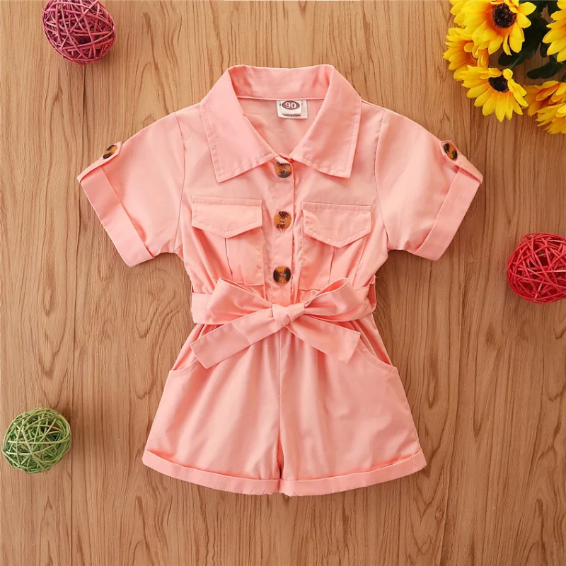 2024 Summer New Solid Color Short Sleeve Pocket Lapel Girls Jumpsuit Single-breasted Waist Fashion Overalls 1-5T