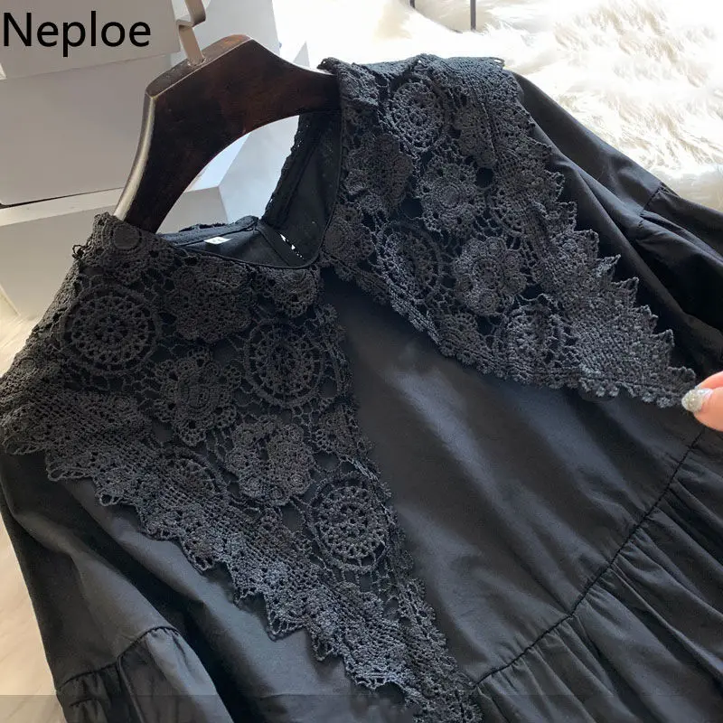 Neploe Oversized Blouse Women 2023 Blusas Mujer De Moda Crochet Lace Shirt Lantern Sleeve Loose Blouses Japanese Black Long Tops