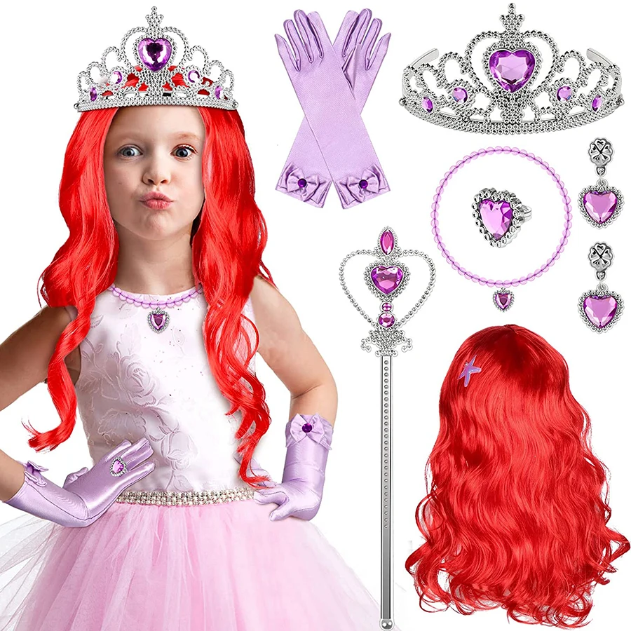 

3-12 Year Mermaid Princess Cosplay Costume Accessory Girl Red Wig Crown Starfish Hairpin Necklace Earring Ring for Party Cosplay