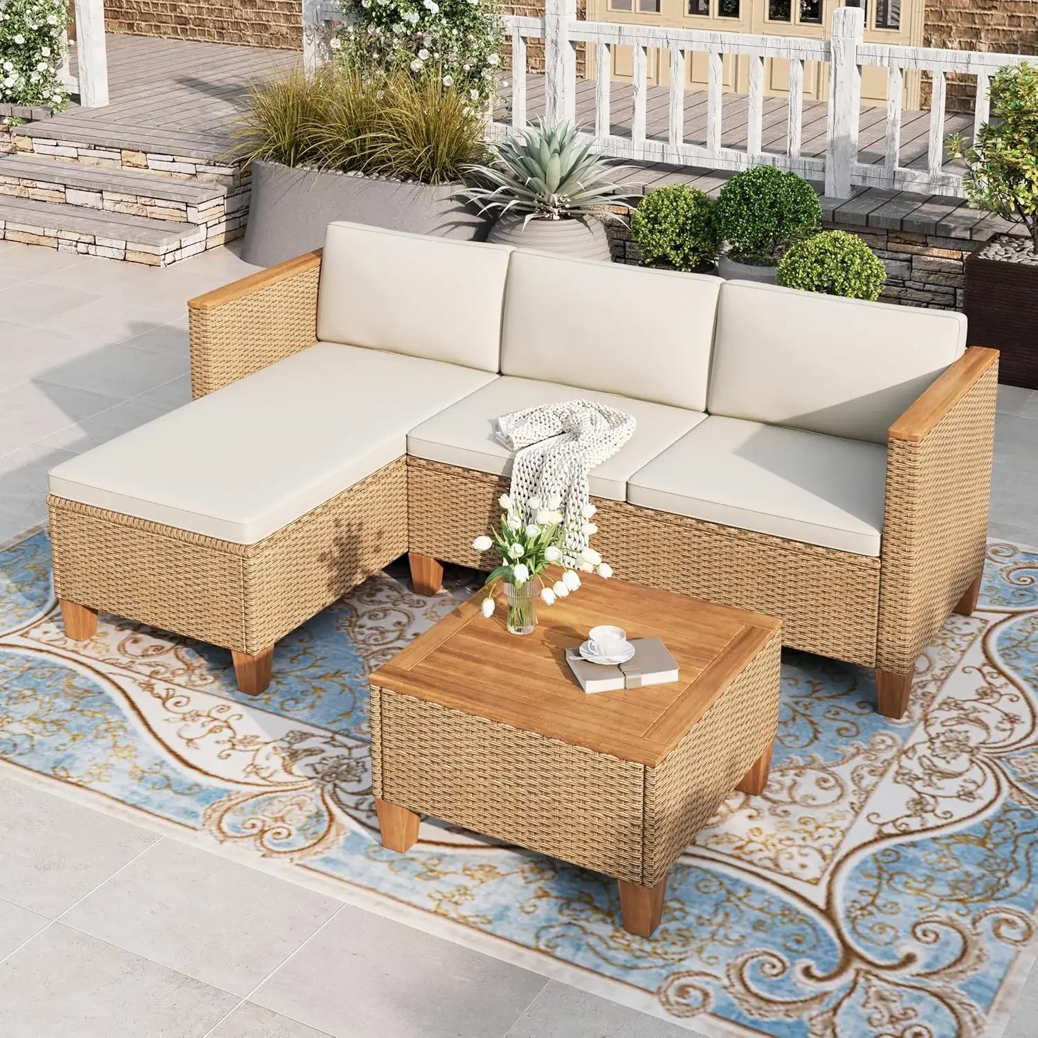 Small Patio Furniture Set, 3 Pieces Wicker Outdoor Sectional Sets,Yellow Rattan Conversation Set with Sofa and Coffee Table for