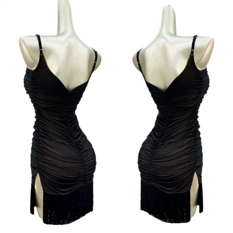 Zomer Latin Dance Dress Dames Sexy Trekkoord Zwarte Kwast Jurk Volwassen Rumba Dansclub Oefenkleding