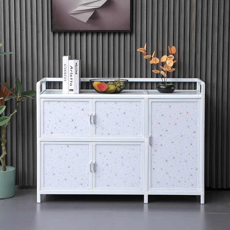 Armoire en alliage d'aluminium, simple, multifonctionnelle, cuisine, rangement en verre trempé, armoire à thé, côté assemblage