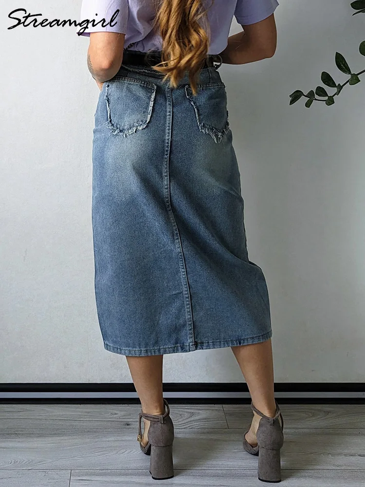 Streamgirl Irregular Split Denim Skirts For Women Midi Summer Casual Tassel Denim Skirt Lady Sexy A Line Jeans Skirt Women 2024