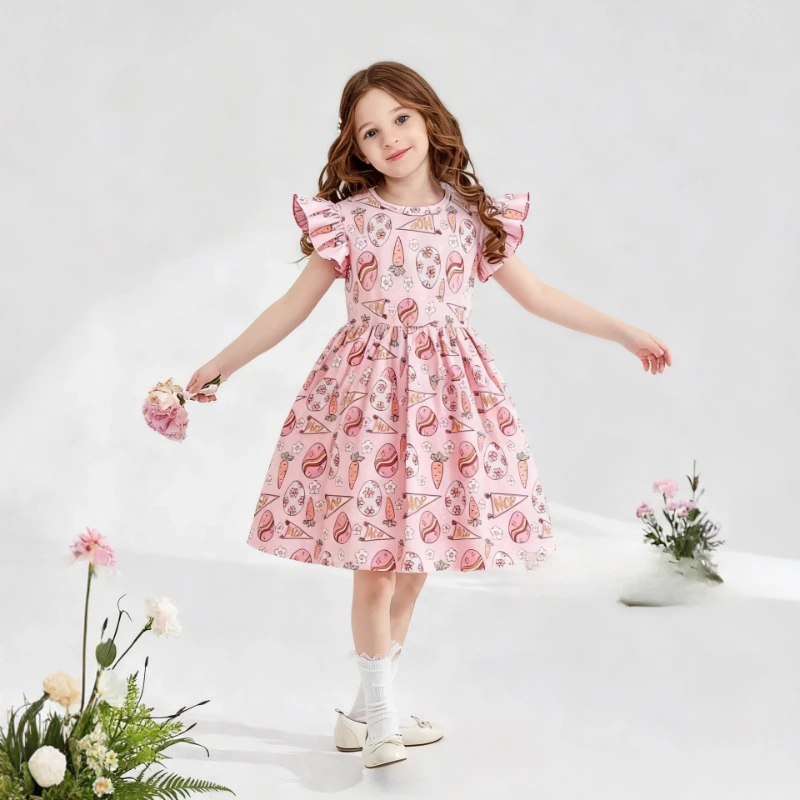 

2026 Spring/Summer New Cotton Girls' Round Neck Ruffle Cute Cartoon Pattern Dress