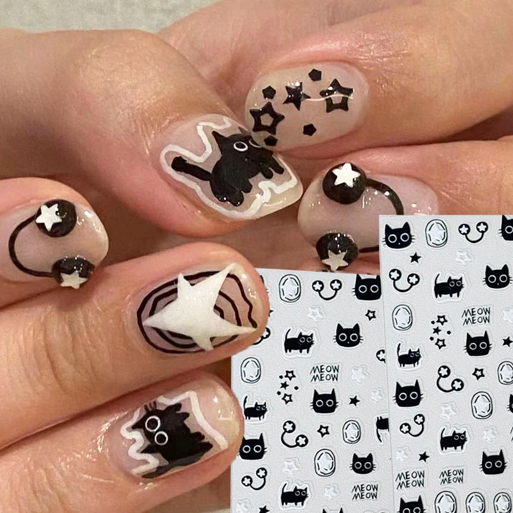 Cute Black Cartoon Cat Nail Stickers Y2K Stars Letters Nail Arts DIY Korean Japanese Pentagram Love Heart Design Manicure Decals