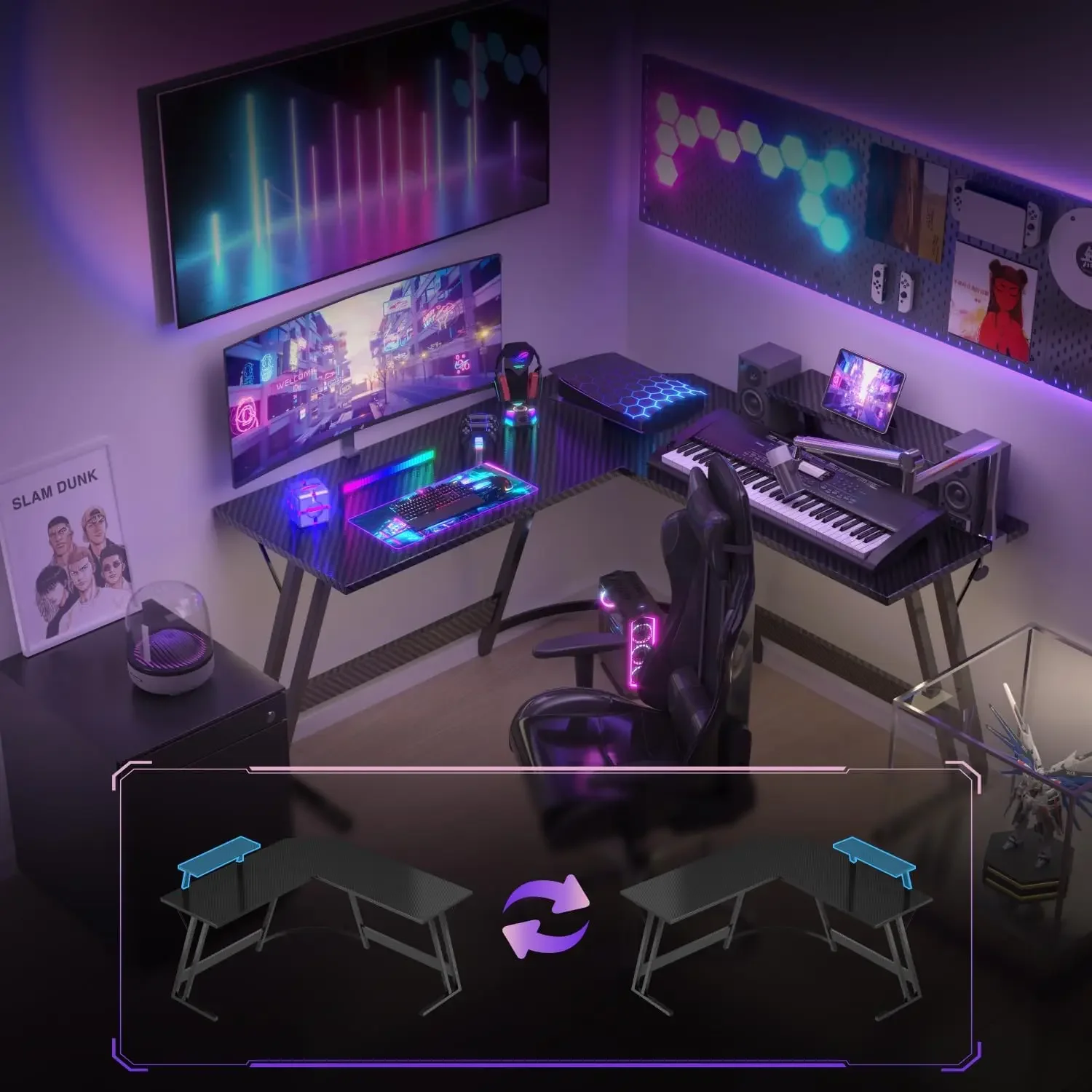 

Escritorio Gaming de Esquina, 130x 130cm,Escritorio Gamer en Forma de L con Soporte de Monitor, Gancho para Auriculares,para Est