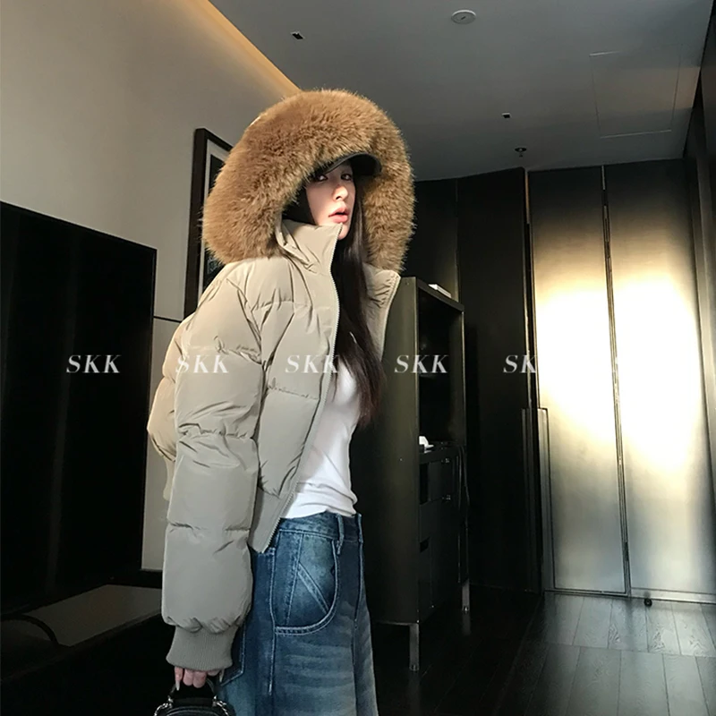 Chaqueta acolchada con capucha de estilo coreano para mujer, abrigo corto acolchado con cordón en la cintura, adorno de piel sintética para invierno