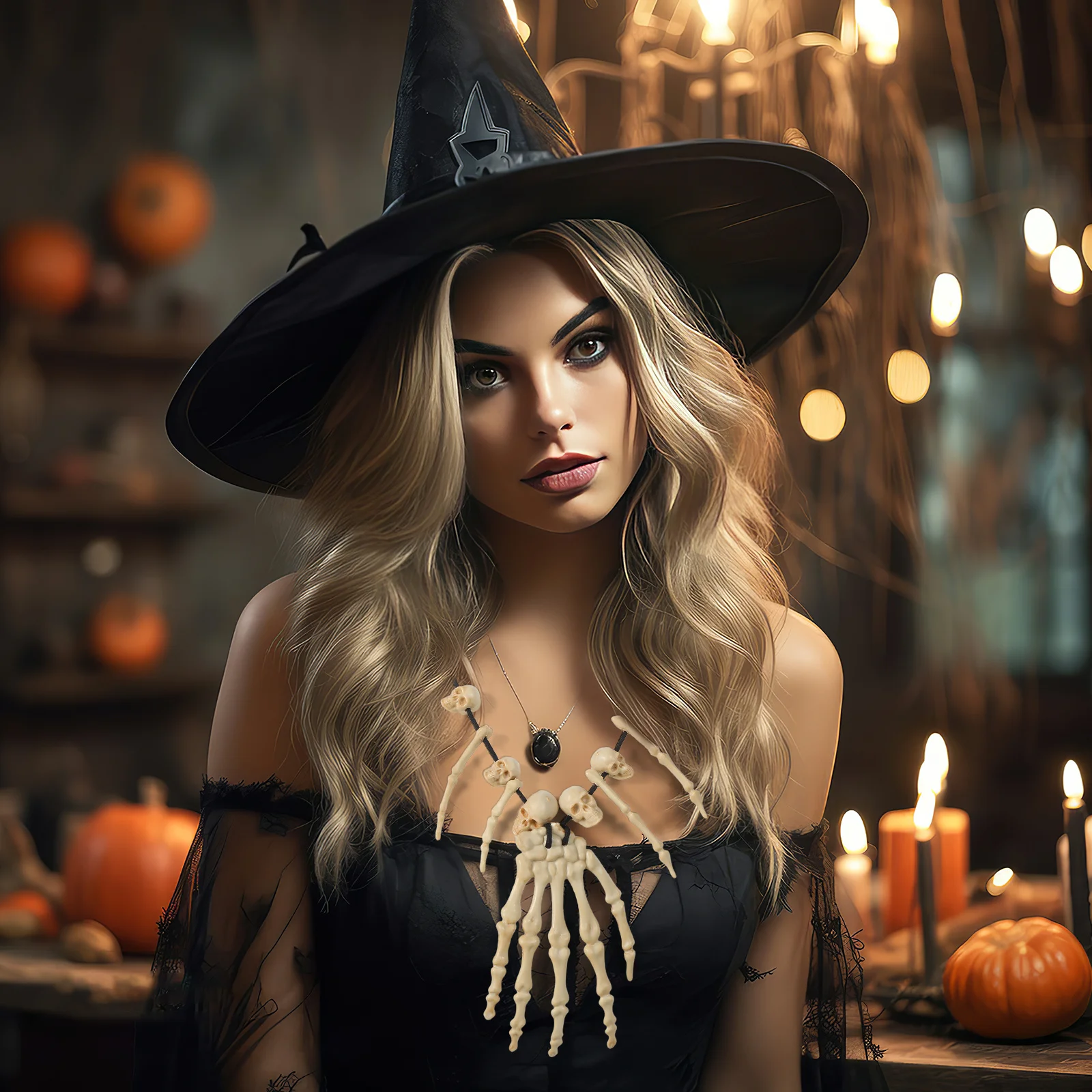 

Unique Gothic Skull and Hand Bone Necklace Resin Pendant Chain Mysterious Punk Style Jewelry for Halloween Party Dress Up