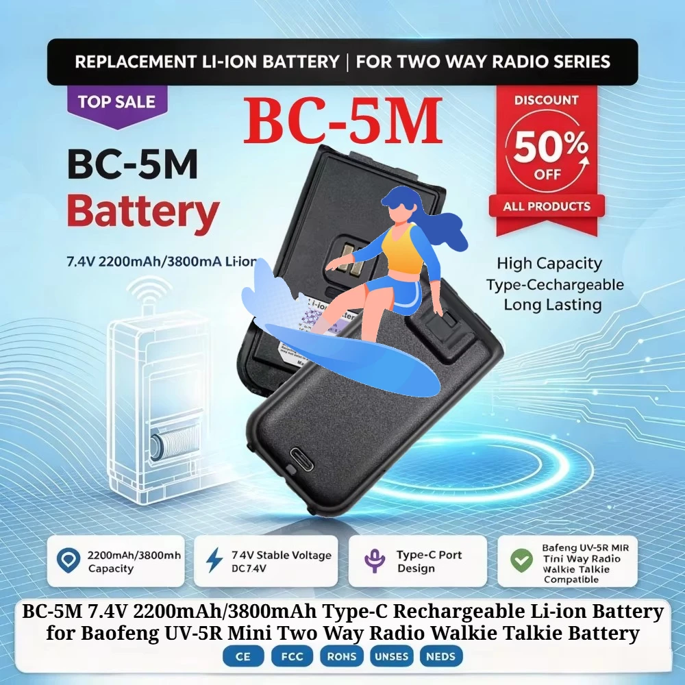 BC-5M 7.4V 2200mAh/3800mAh Type-C Rechargeable Li-ion Battery for Baofeng UV-5R Mini Two Way Radio Walkie Talkie Battery