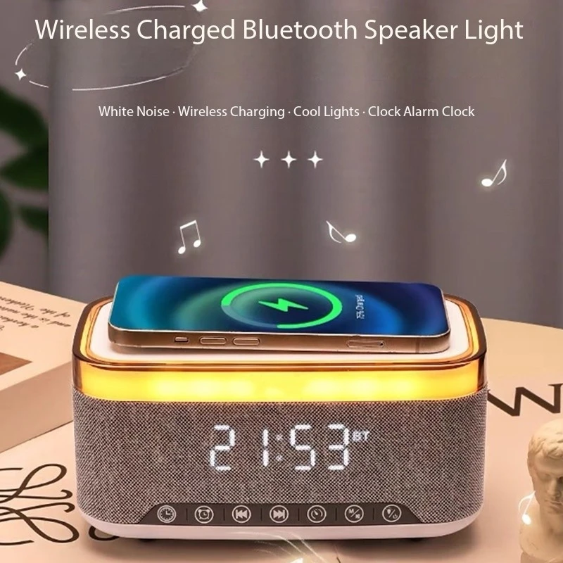 New Smart 6-in-1 Bluetooth Speaker 15W Wireless Charger Bedhead Night Light Alarm Clock LED Clock with FM Radio soundbar