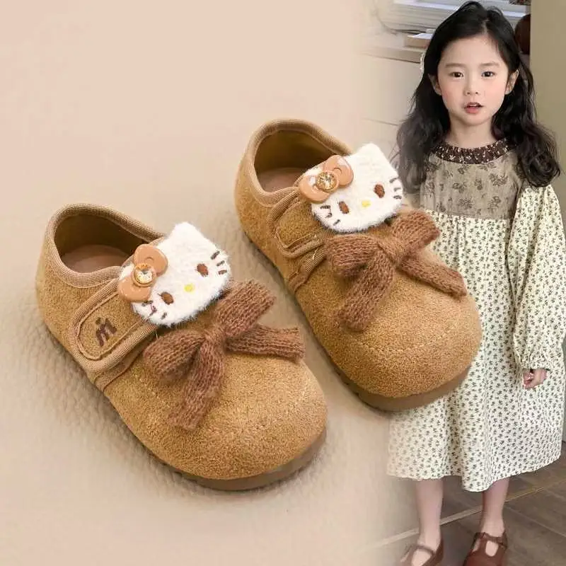 

r‌eal pictures 2025 new autumn winter comfrotable hello kitty cartoon lovely cute bow girls khaki kids children's Casual Flats