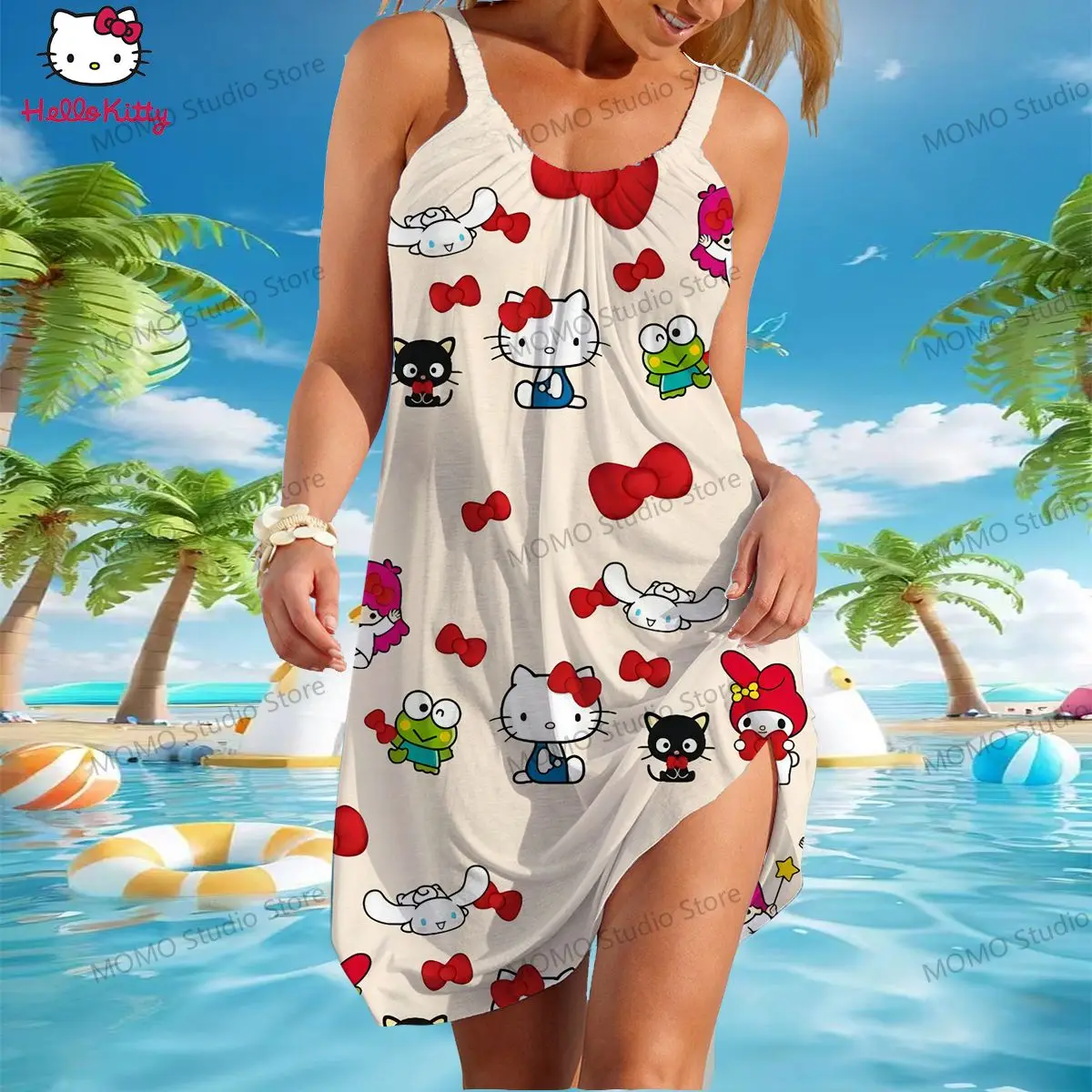 Hallo Kitty Frauen Strand kleider kawaii y2k 2024 S-3XL Sommerkleid Boho Sling Sanrio neue elegante Jugend lässig sexy