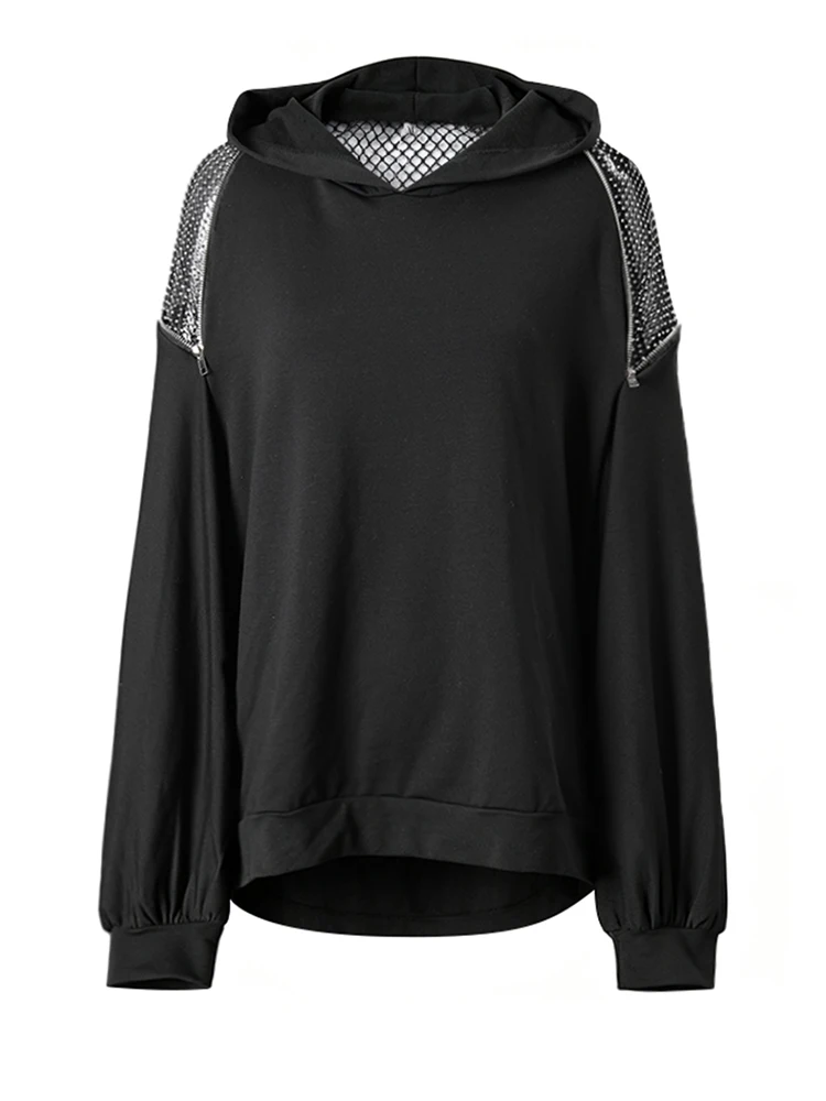 [EAM] Black Grid Hollow Out Big Size Casual Sweatshirt New Hooded Long Sleeve Women Fashion Tide Spring Autumn 2026 CPG6782