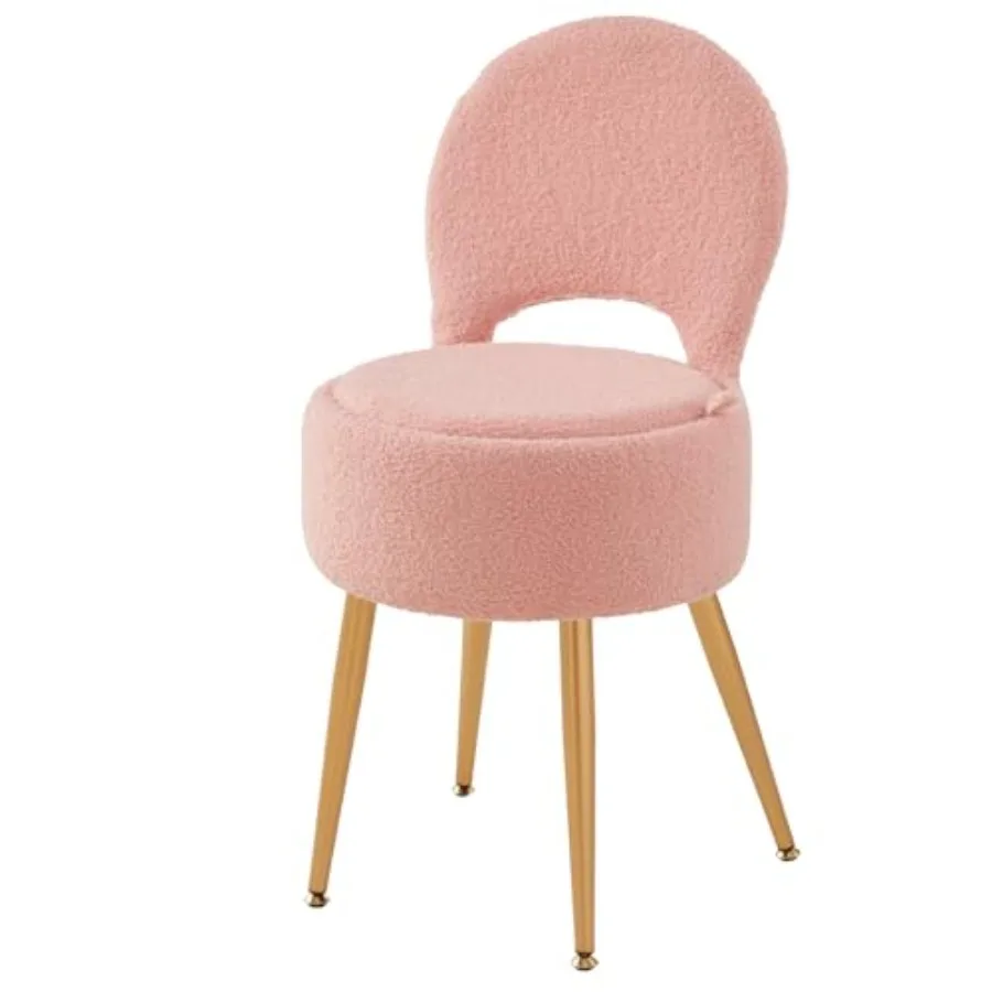 Small Vanity Stool Chair with Storage and Folding Back, 4 Metal Legs with Anti-Slip Feet, Round Ottoman with Velvet Seat, Furry