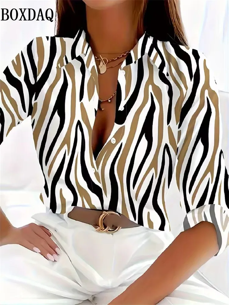 Chemisier rayé à motif imprimé en 3D, chemise décontractée à manches longues pour femmes, élégante, mode de bureau, ample, chemise à revers quotidienne pour femmes