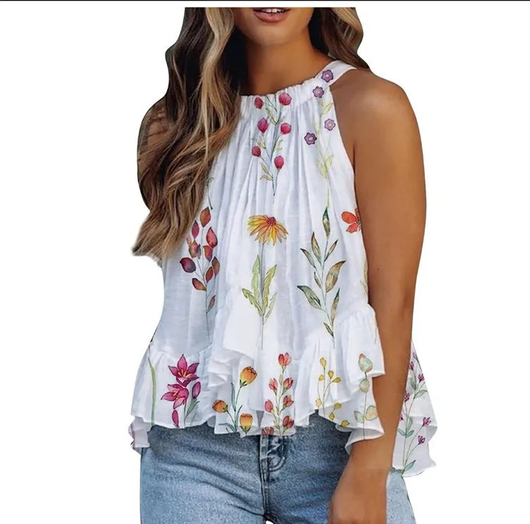 New Sexy Fashion Print Round Neck Hanging Neck Tie up  Sleeveless Sweet Shirt for WomenWomen Vest Tops