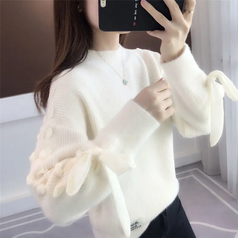 Autumn Winter Half High Collar Bow Lace Up Loose Casual Sweater Ladies Solid Color All-match Knitting Jumper Top Women Pullover