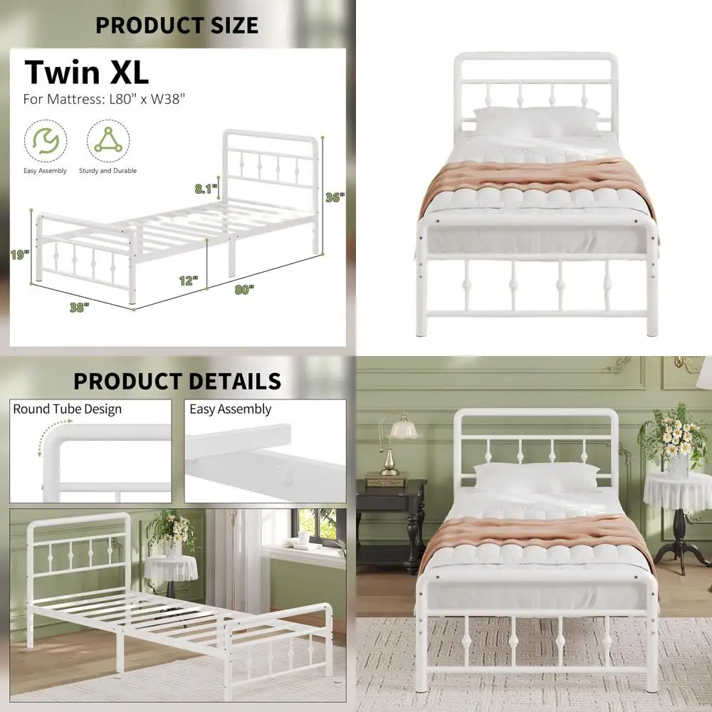

Heavy-Duty White Twin XL Bed Frame with Headboard, Footboard, and Metal Foundation - No Box Spring Needed, Easy Assembly, Quiet
