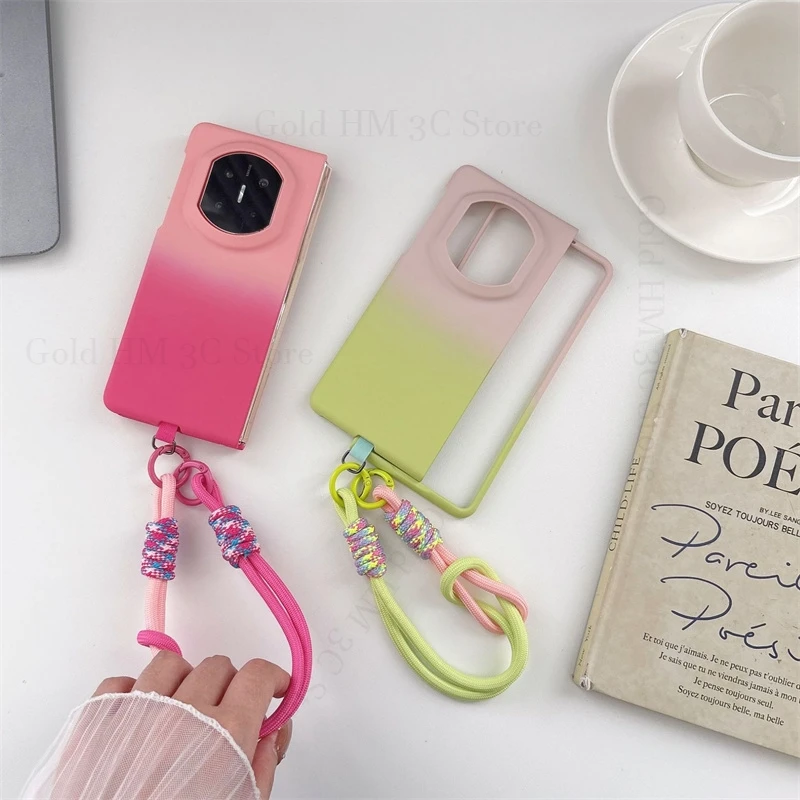 Gradient Wrist Band Strap Phone Case For Huawei Pura X Max Shockproof Hard PC Cover For HUAWEI Mate X7 X6 X5 Hand Lanyard Fundas