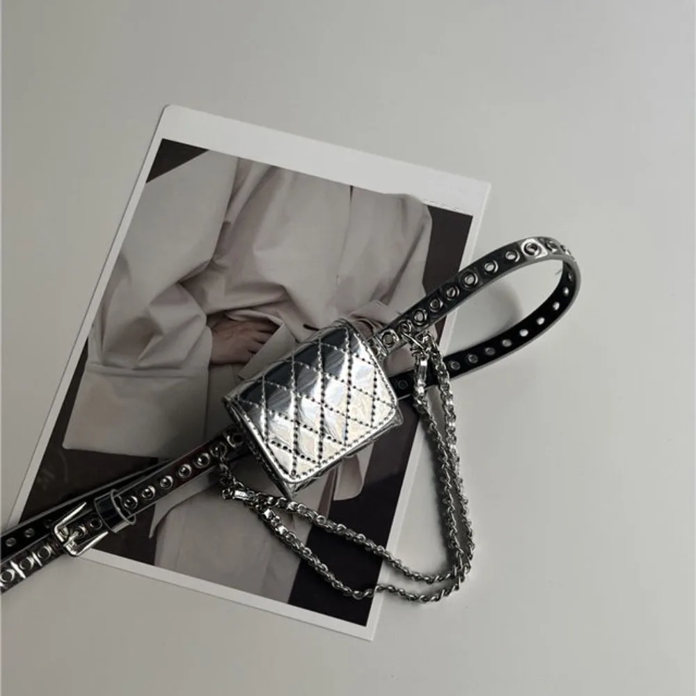 

Portable Korean Style Women Waist Bag PU Silver Belt Waist Bag Chain Decorative Purse Women Belt Bag Female