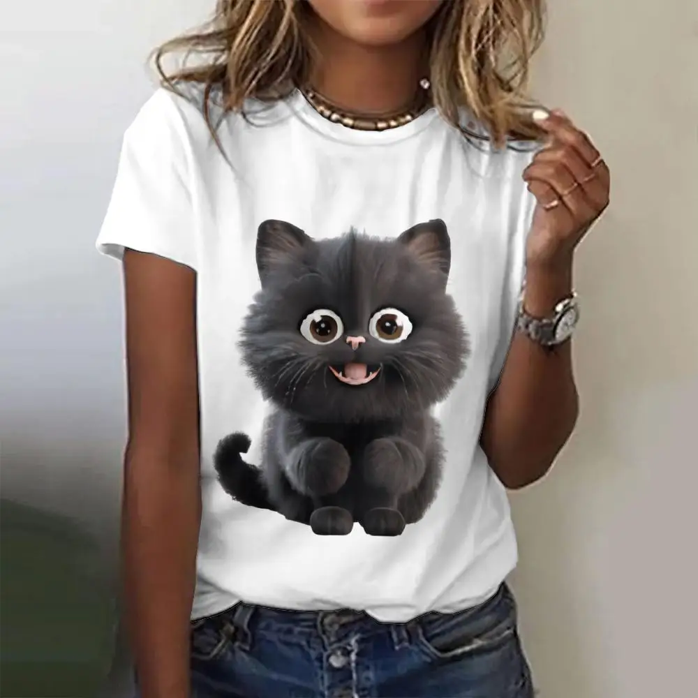 

Cute Cat Print Short Sleeves T shirt Summer Fashion Women's T-shirts Casual Trend Tops Pullover Loose Women Clothing Streetwear