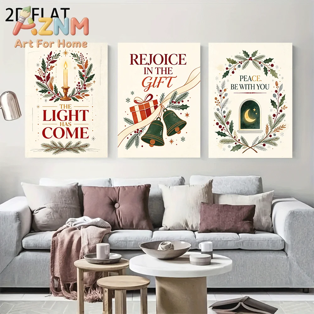 AZNM Frameless Canvas Wall Art, Christmas Quote Print, Vintage Holly Wreath Candle Bell Gift Text Art Poster, Holiday Season Wal