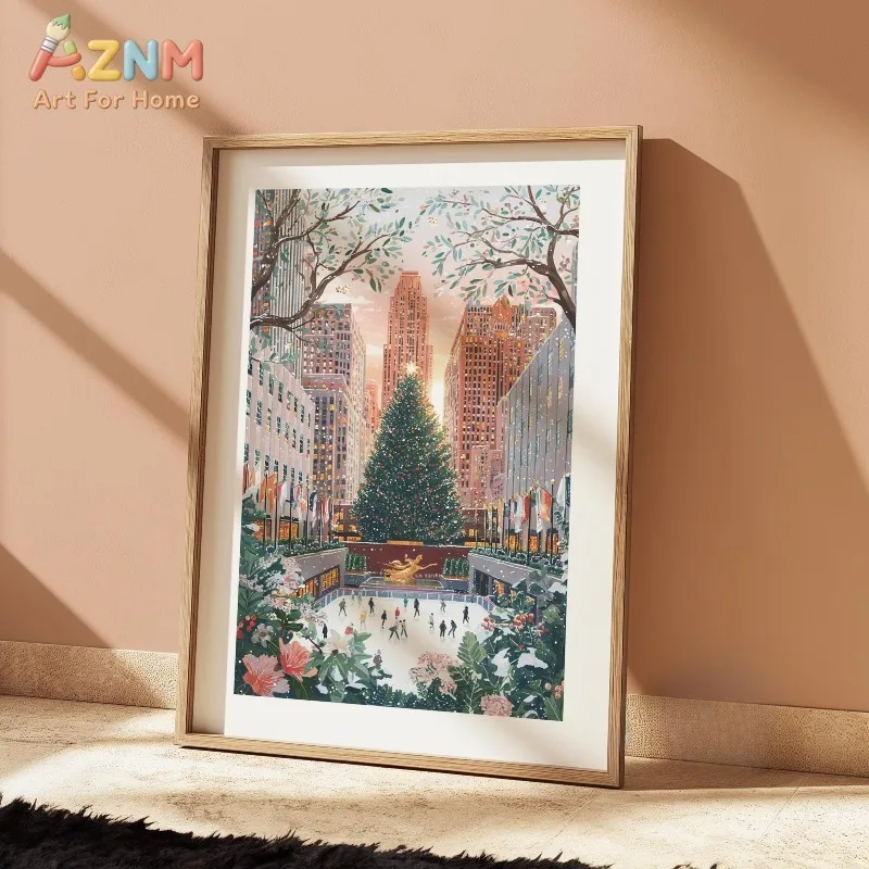 Christmas Canvas Wall Art City Skating Rink Scene Modern Festive Winter Xmas Holiday Home Wall Print Unframed Canvas Poster