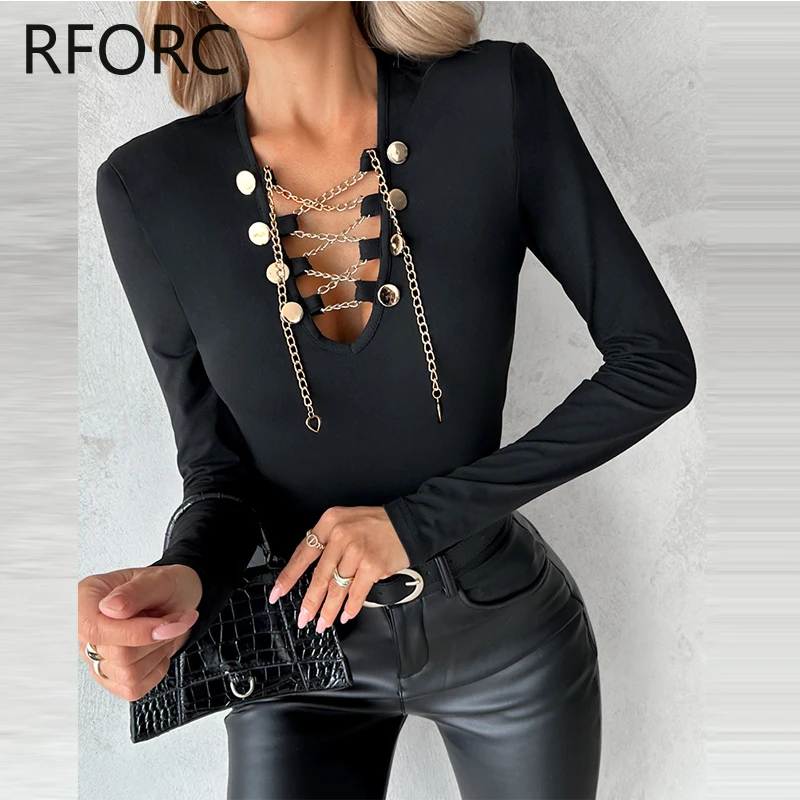 2024 Women Deep V Neck Criss Cross Chain Decoration Knitting Basic Black Blouse Top