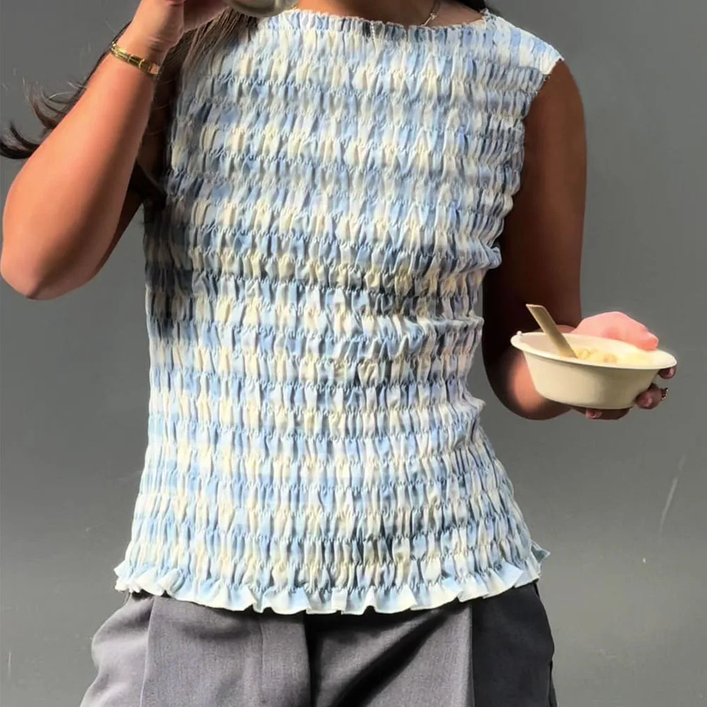 Women y2k Vintage Smocked Polka Dot Print Tank Tops Frill Shirred Ruffles Hem Sleeveless Shirts Slim Boat Neck Tops Streetwear