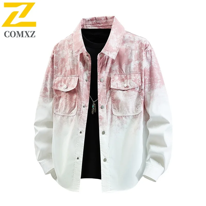 

COMXZ Men Jackets Gradient Loose Turndown Collar American Retro New Trendy Travel Varsity Jacket Camping Ins High Quality Coat