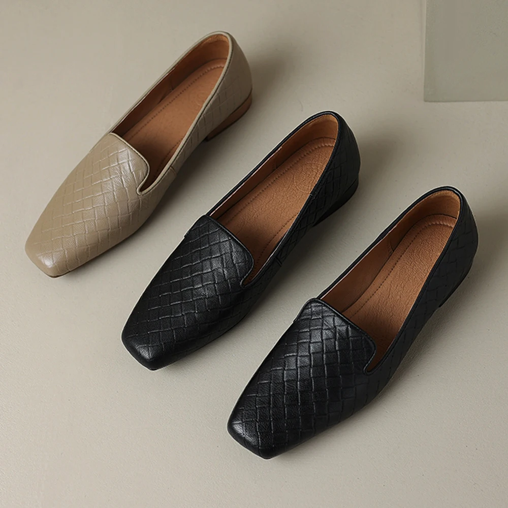 New Fashion Spring Summer Loafers Women Luxury Flats Leather Ladies Shoes Square Toes Low Heels Designer Black 2024