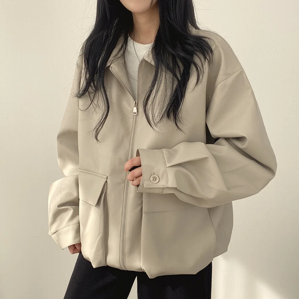 Women Casual Faux Leather Short Jackets Y2k Drawstring Hem Turn Down Collar Long Sleeves Dual Zipper Loose Jacket 2025 Autumn - Image 5