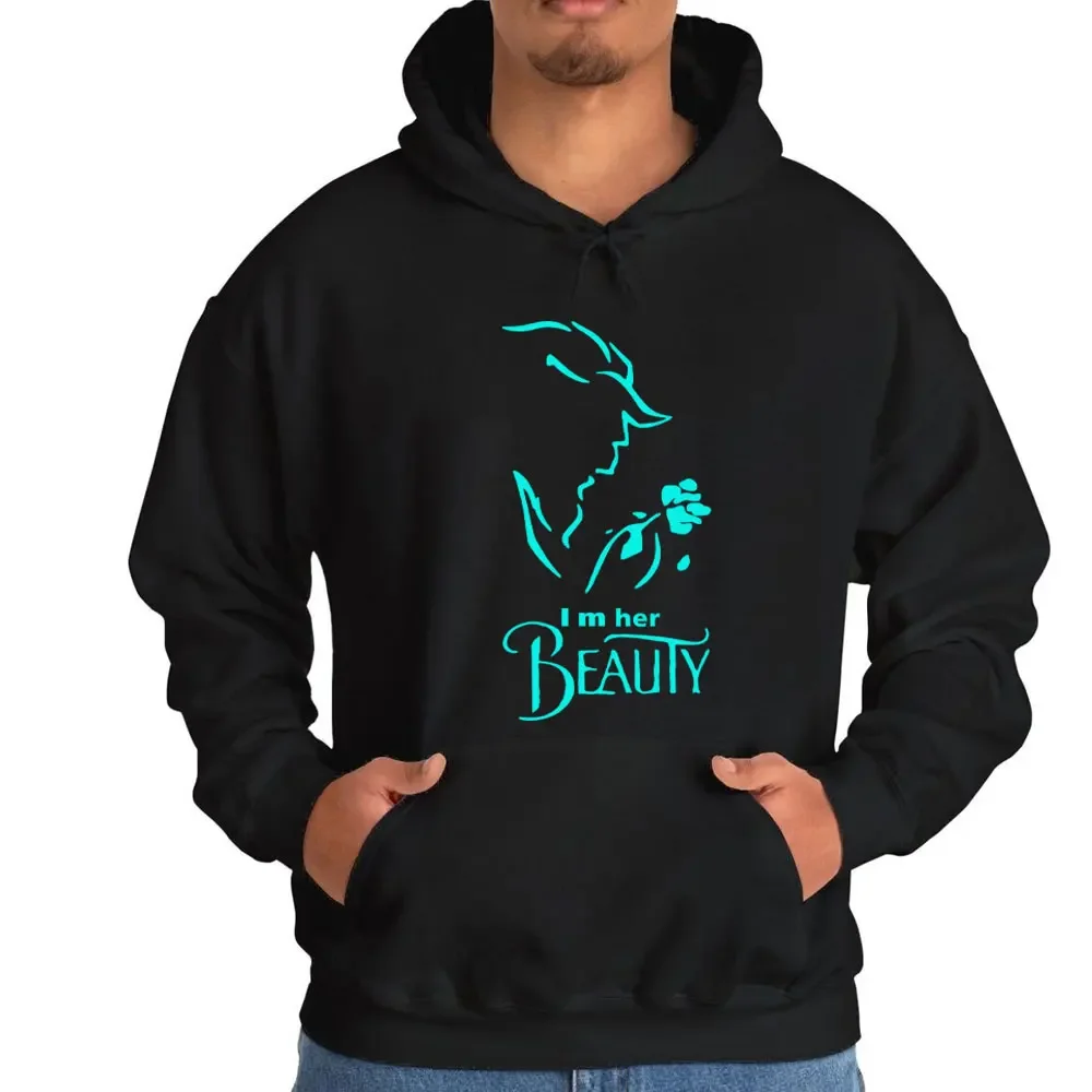 I\'m Her Beast I\'m His Beauty Print Sweatshirts Couple Matching Hoodies Men Women Long Sleeve Hooded Luminous Lover Hoodie