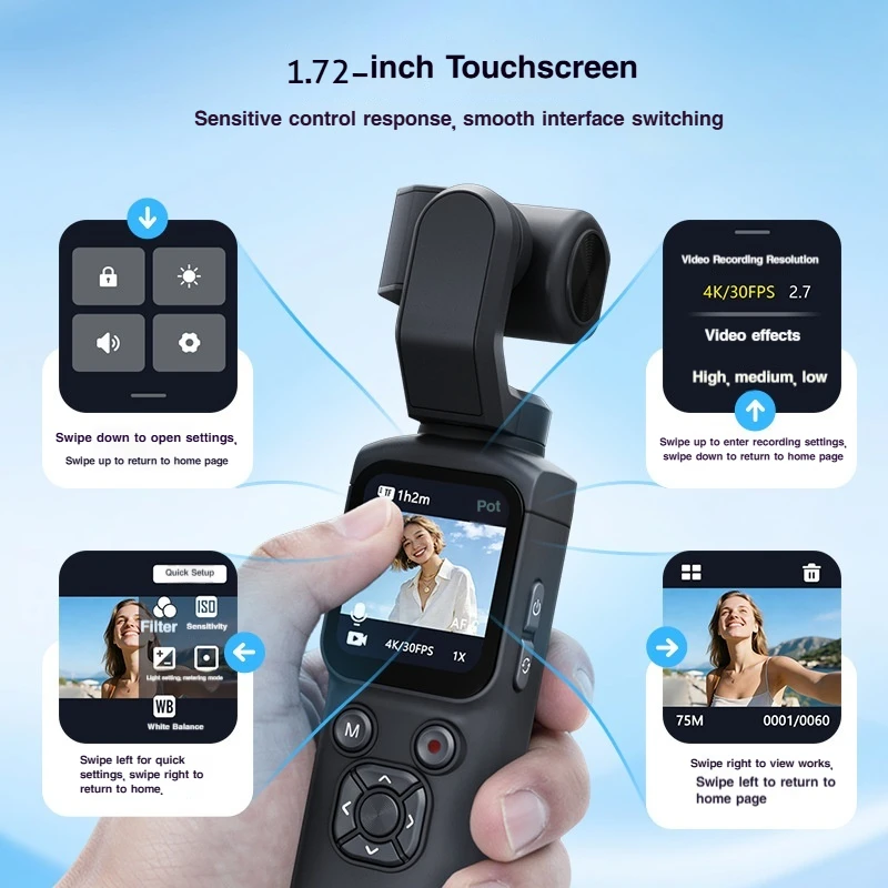 New 4K Ultra HD Handheld Sports Action Camera Face‑Tracking Pocket Gimbal Camera HD Video Camcorder for Outdoor Vlog Shooting