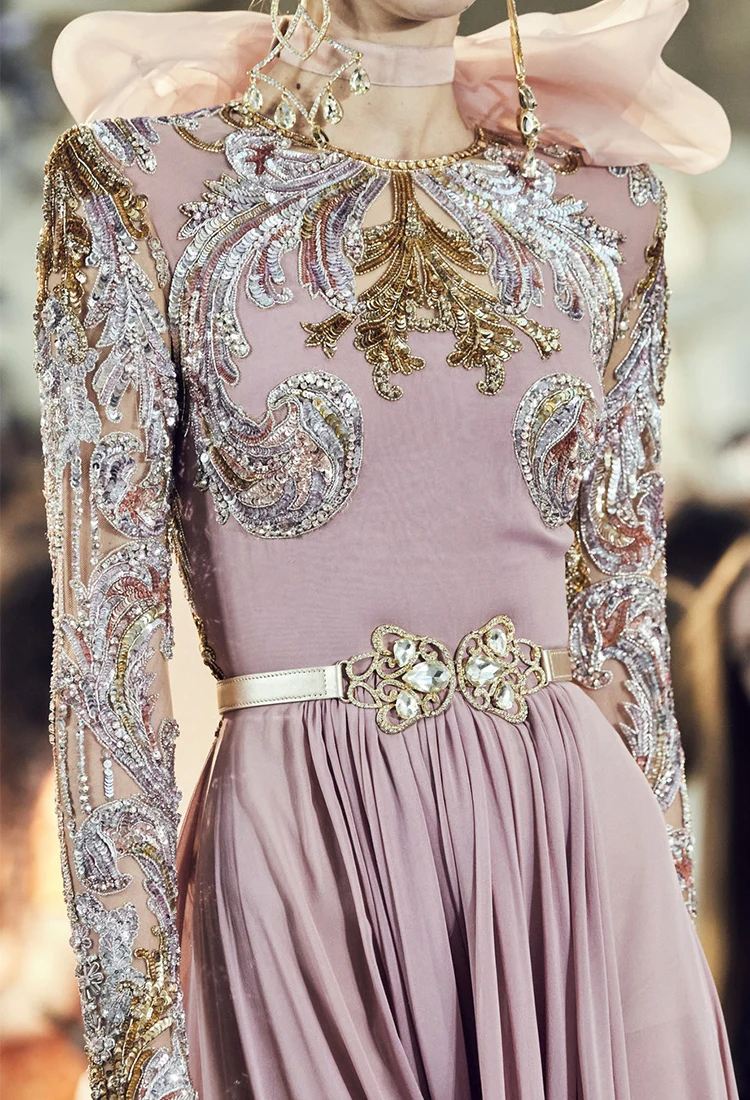 LY62 Elie Saab Luxurious Long Sleeves Pink Chiffon Floor Length فساتين السهرة vestidos de fiesta فساتين سهره evening dresses