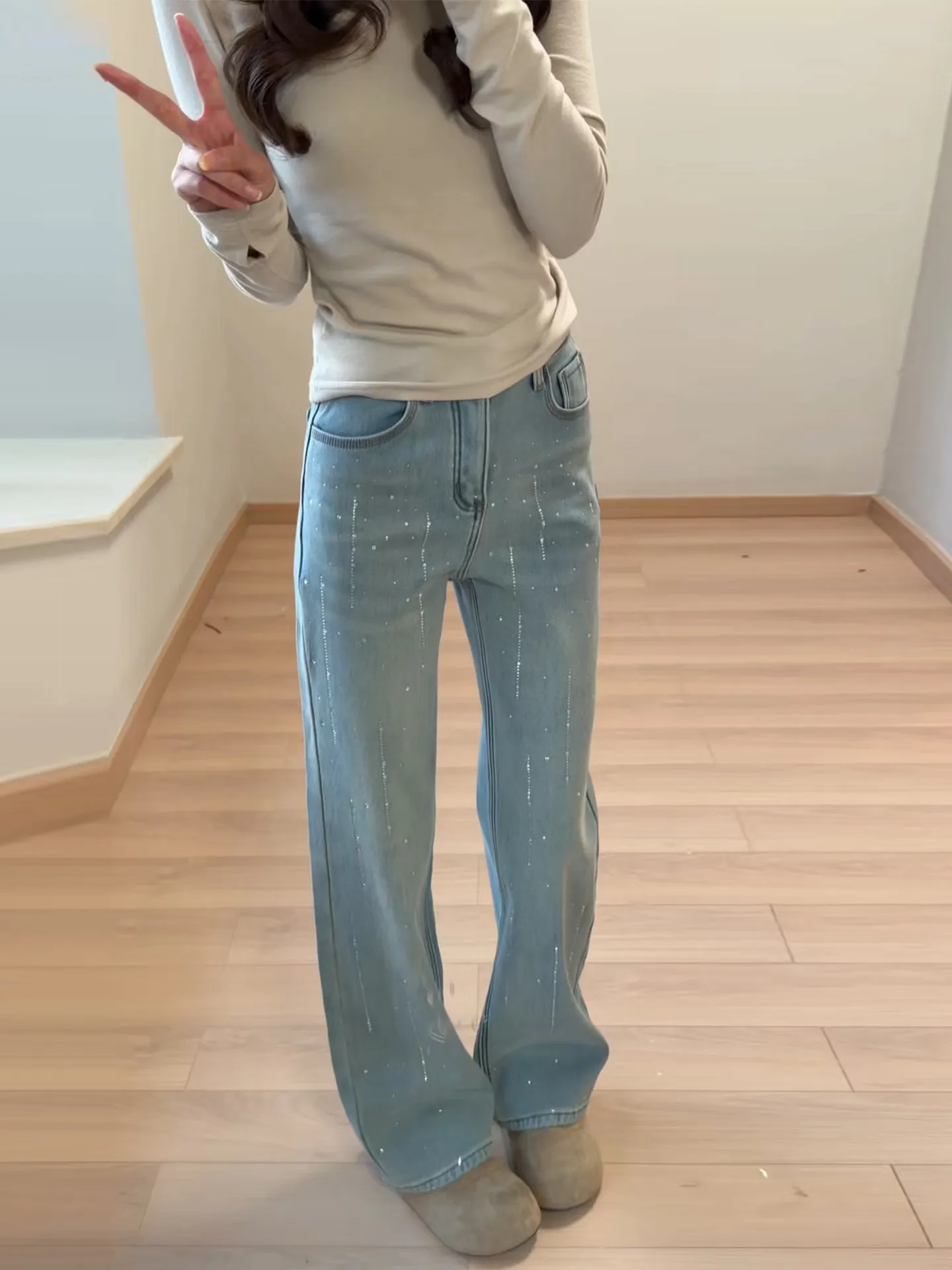 

Женские джинсы скинни с высокой талией в ретро-стиле, светло-голубые, с декором из страз, прямые, из денима, весенняя новинка