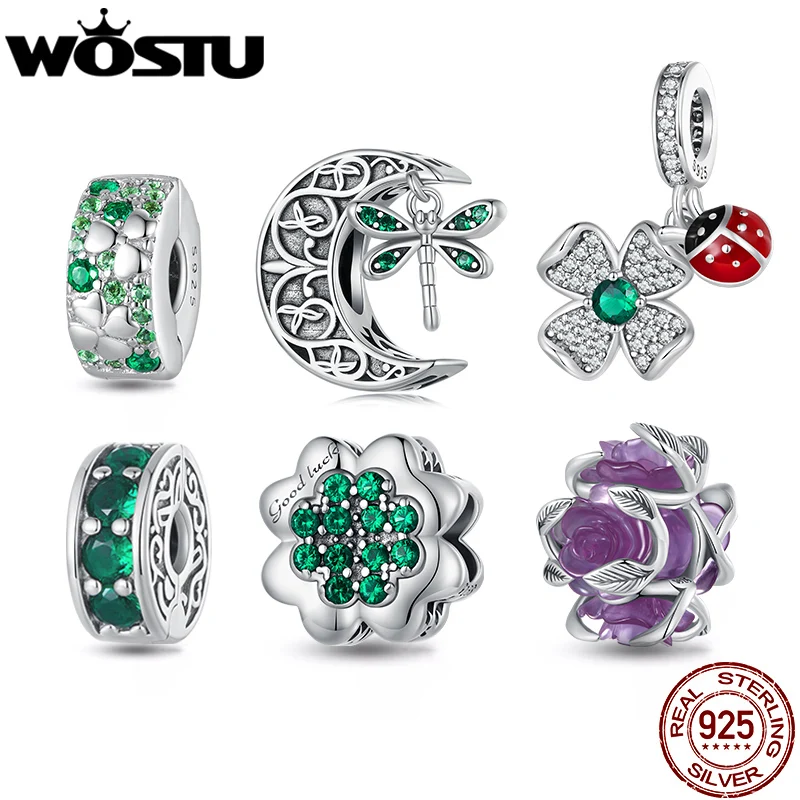 WOSTU 925 Sterling Silver Green Lucky Clover Charms Dragonfly Pendant Purple Flower Bead Fit Original Charm Necklace DIY Gift