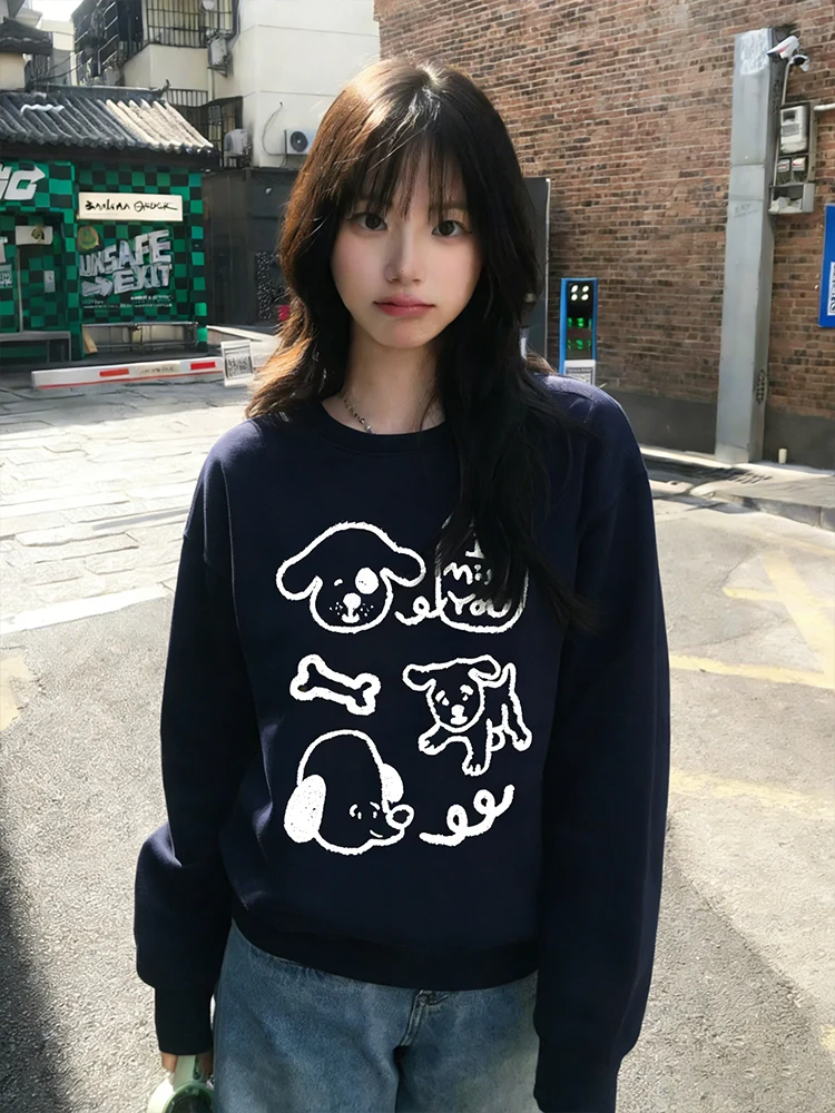 

Американский повседневный свитшот с длинными рукавами для женщин, свободный универсальный топ с принтом собаки, модная базовая одежда для ранней весны