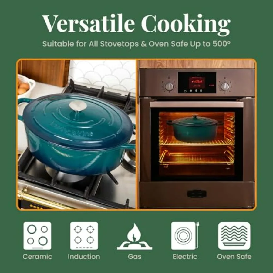 وعاء فرن هولندي من الحديد الزهر المطلي بالمينا سعة 8 لتر مع غطاء خبز الخبز متوافق مع جميع أسطح المطابخ آمن حتى 500 قدم رائع للمعالج المخمر