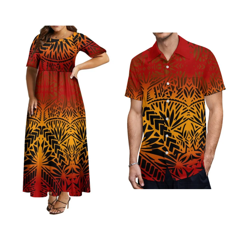 

Polynesian Couple Set Custom Party Casual Temperament Women'S Dress Men'S Shirt Summer Short Sleeve High Quality Banquet Dress