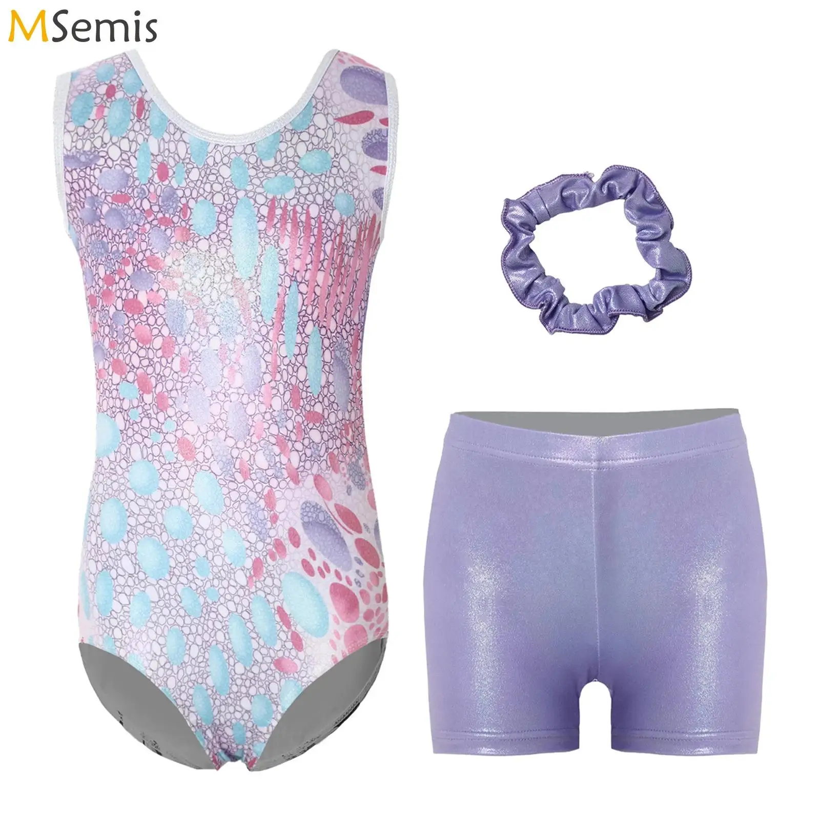 

Детские гимнастические купальники для девочек с принтом и металлическим эффектом, танцевальный костюм из джерси для выступлений, купальник с шортами и повязкой для волос, танцевальная одежда