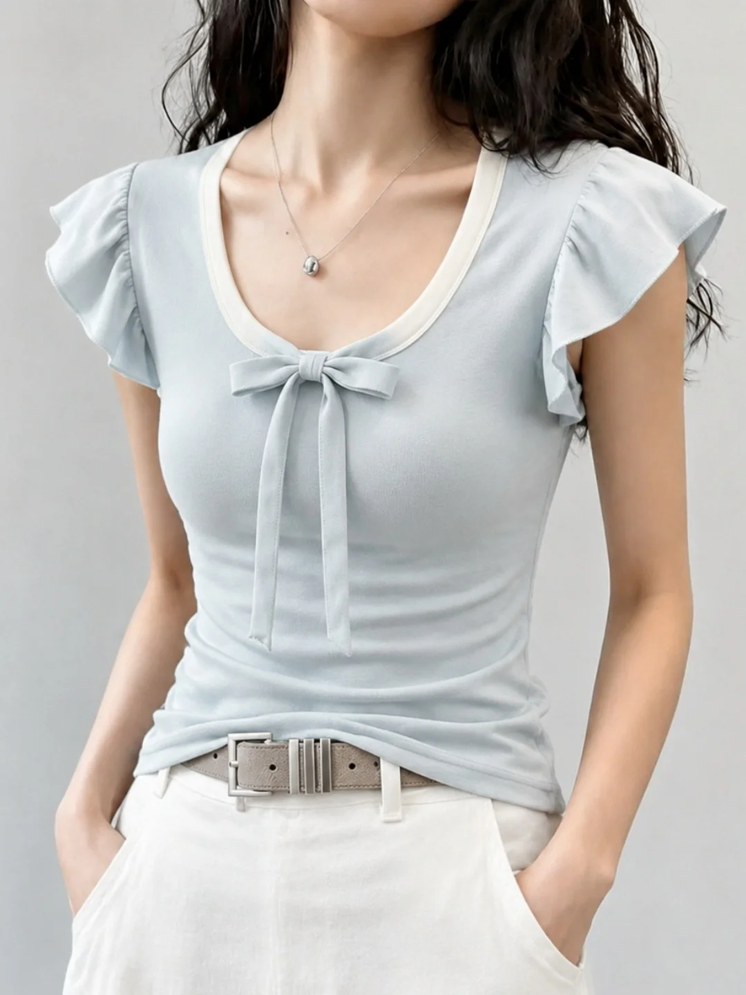 

Sweet Style Slim Fit T-Shirt with Knot And Sleeves Soft Material Summer Fashion Women's Top Ice