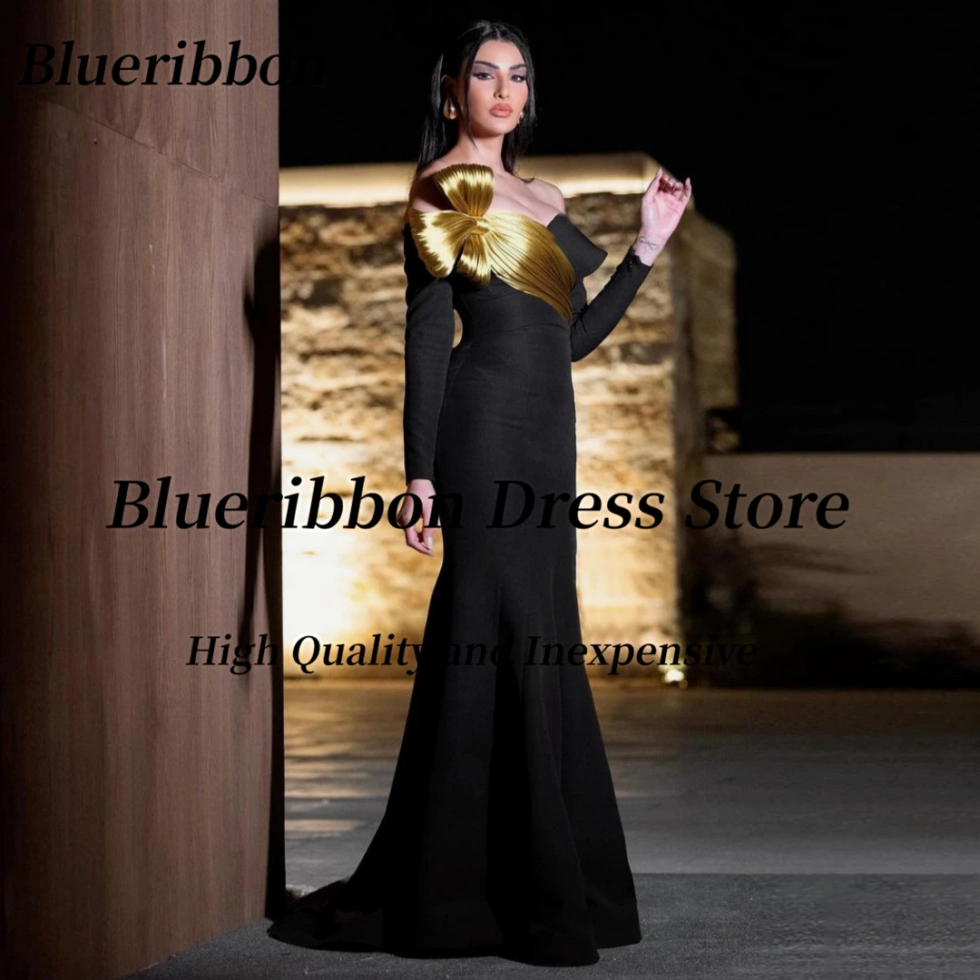 

Blueribbon Black Mermaid Dresses for Prom Saudi Flower Long Sleeves Evening Party Formal Gowns Zipper Back Vestidos De Fiesta