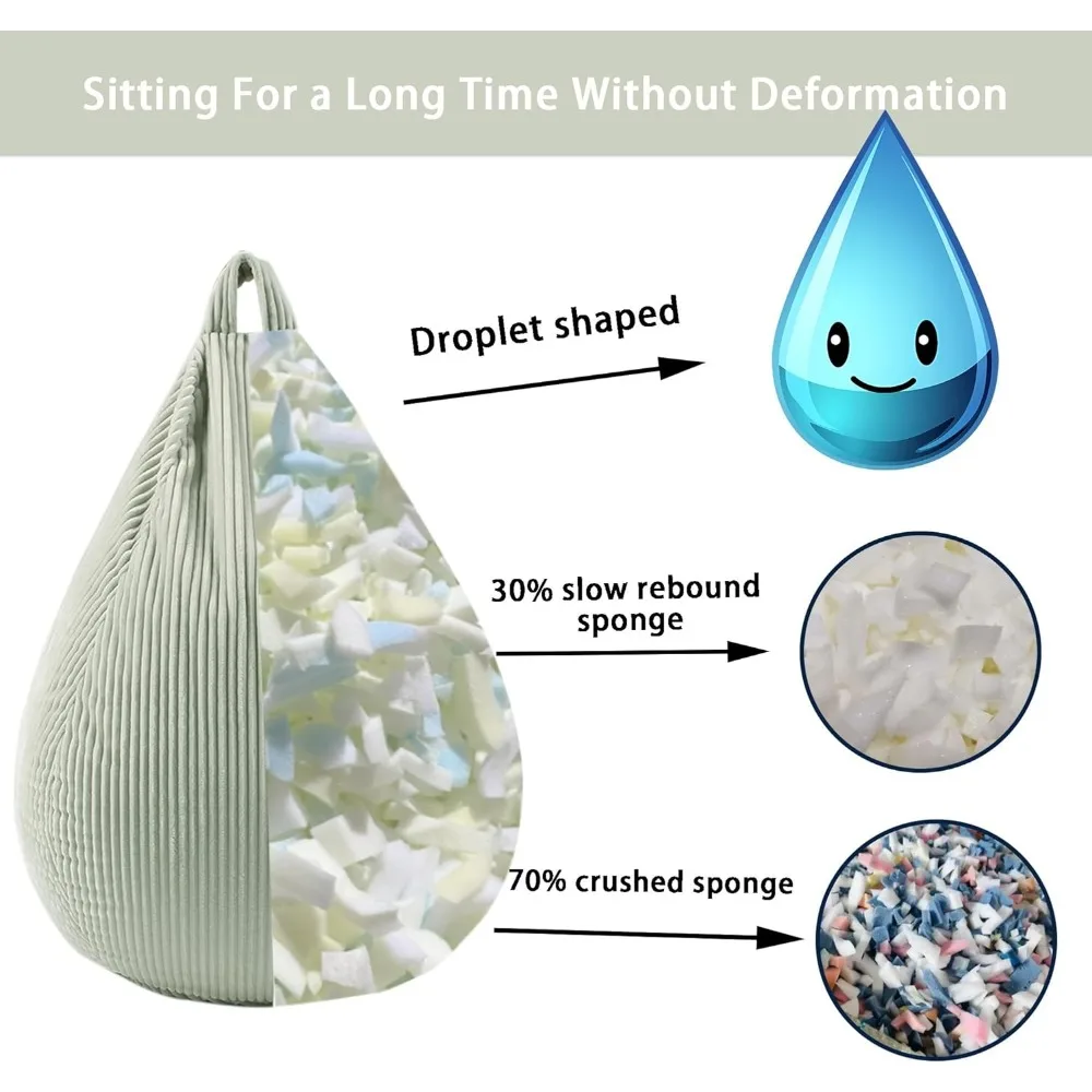 Poltrona a sacco in memory foam per bambini e adolescenti, morbido tessuto di velluto a coste, verde grigiastro, perfetta per soggiorno, camera da letto, dormitorio