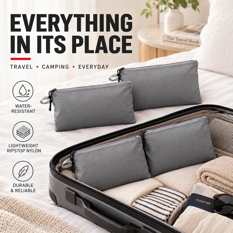 4PCS Lightweight Water-Resistant Ripstop Nylon Travel Organizer Pouches, Zippered Packing Bags for Camping and Toiletries