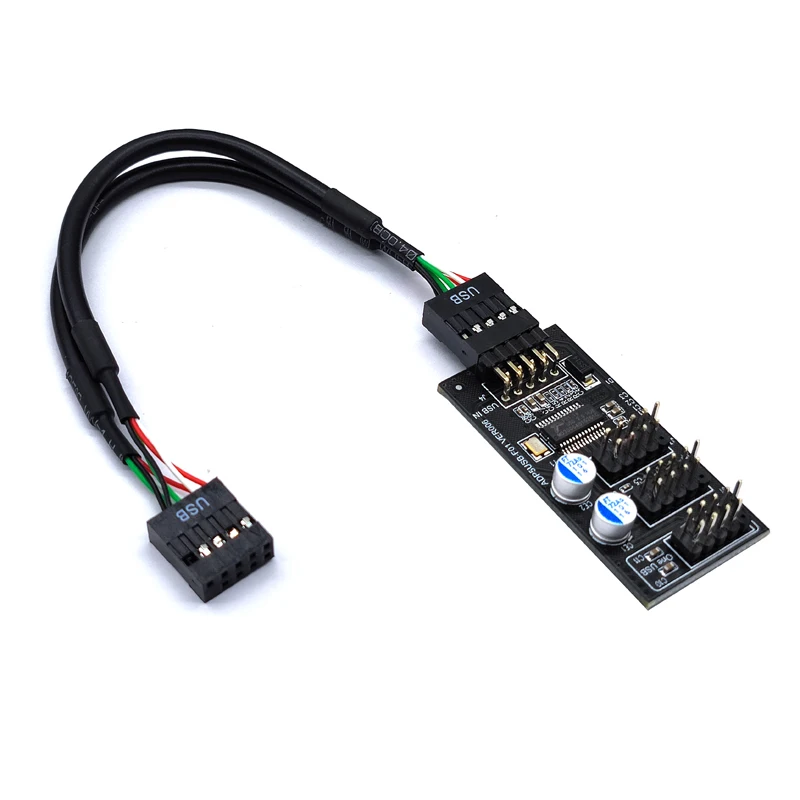 9Pin USB Hub Connector USB Splitter 1 to 3 USB2.0 9Pin Header Board + 30/60cm Cable for Water Cooling for RGB LED Fan Speed Test