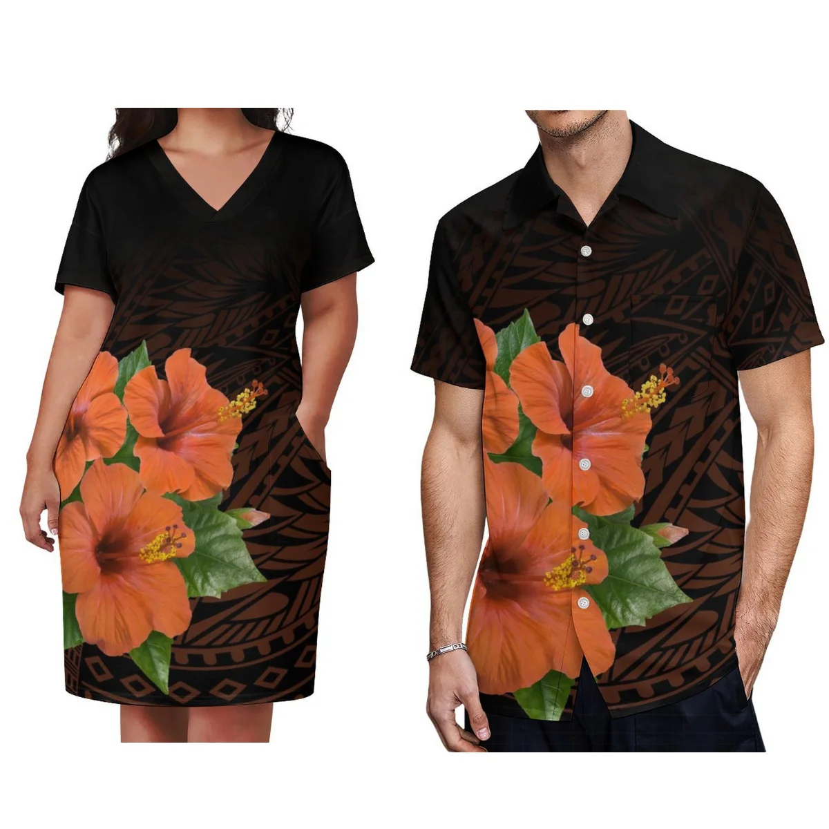 Custom Floral Themed Women'S Short Sleeve Dress For Party V-Neck Pocket Maxi Dress With Men'S Aloha Shirt Pacific Island Design