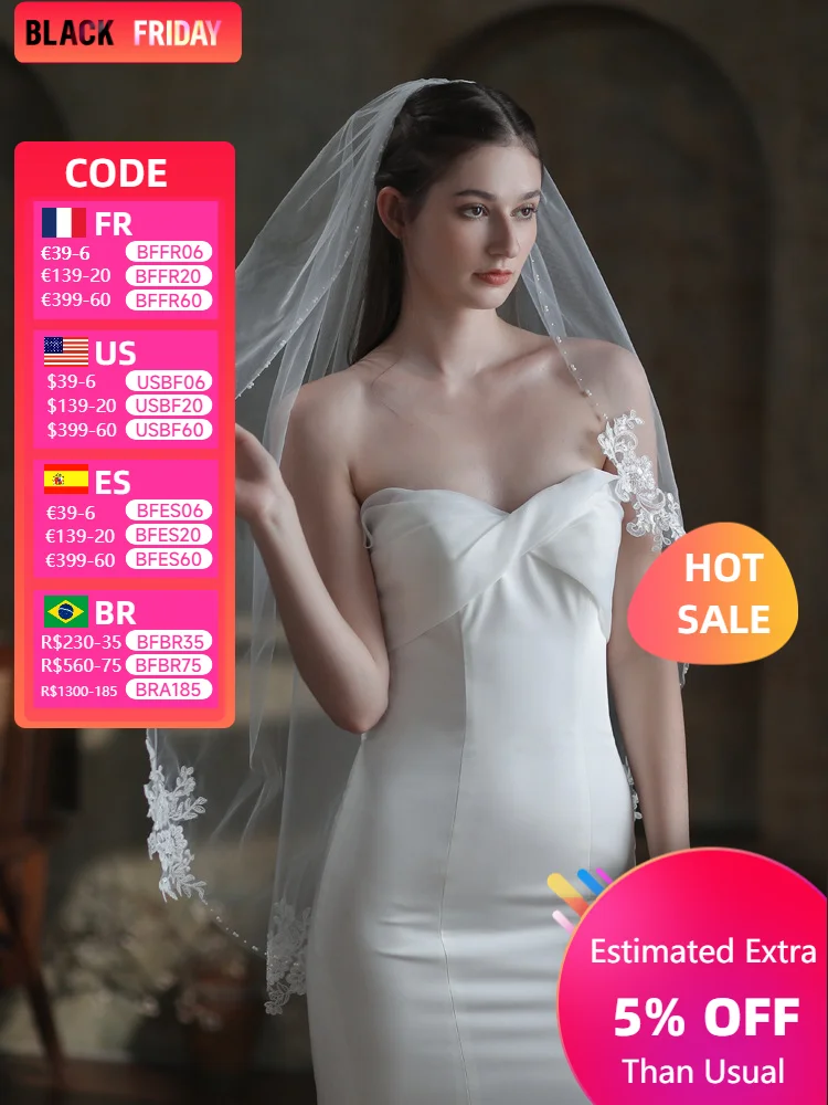 White Ivory One Layer Bridal Veil Simple Lace Beading Wedding veil Soft Net de novia voile de mariée