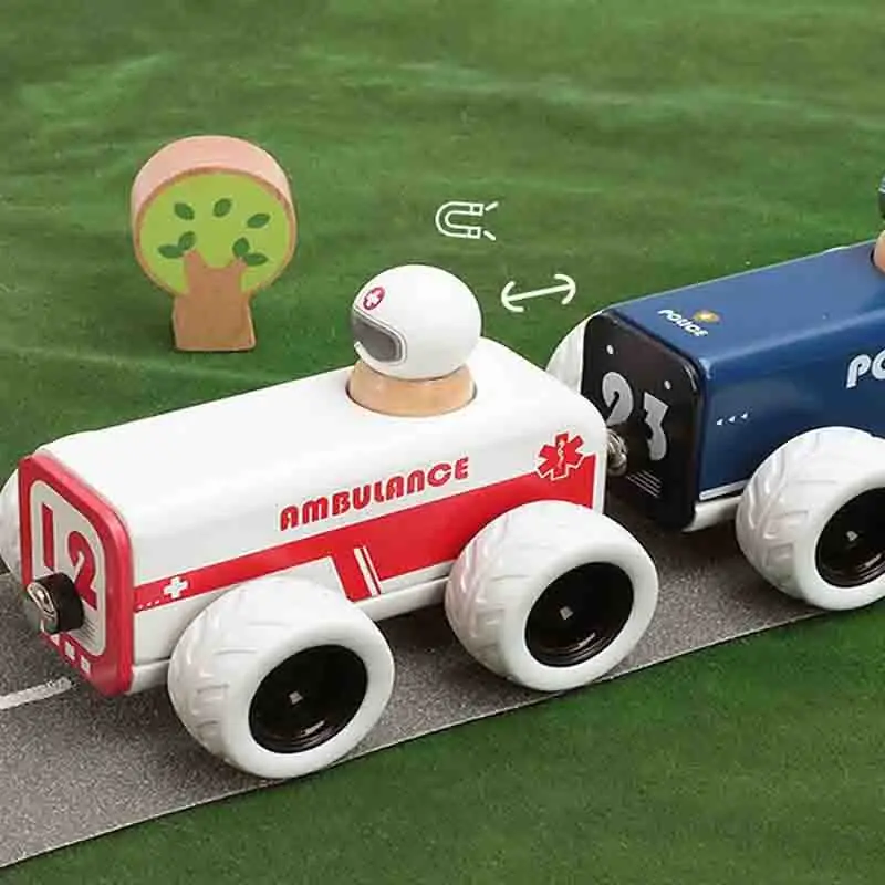 Motores de bomberos de madera, automóviles de policía y ambulancias; Cochecitos retráctiles; Juguetes de madera para la educación infantil; Regalo de cumpleaños